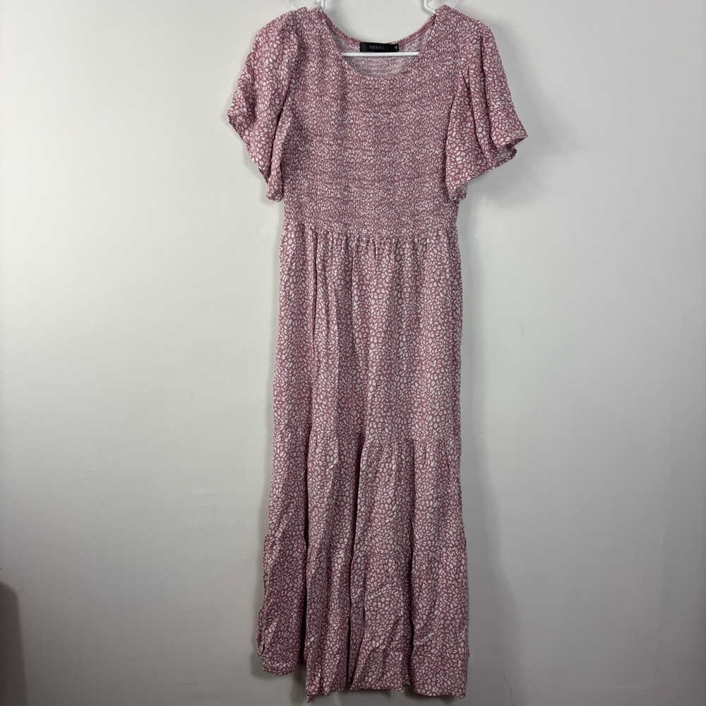 Mauve Smocked Midi Dress Womens M Flutter Sleeve Tiered Peasant Cottage Casual